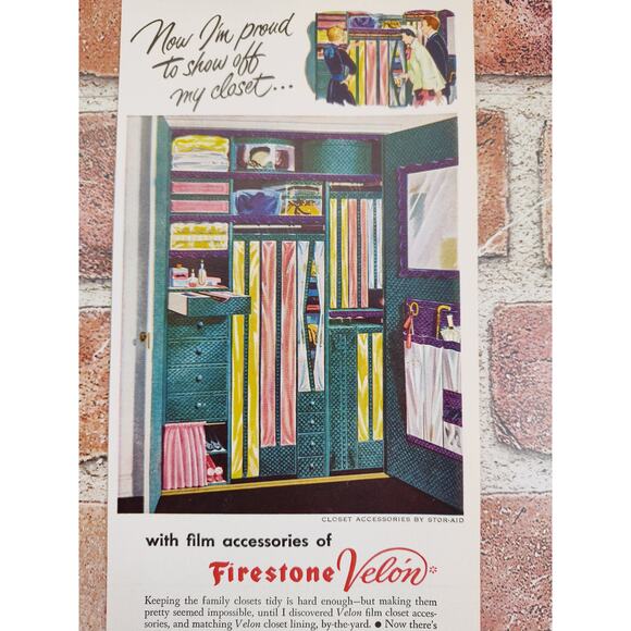 1950 Firestone Velon Closet Accessories Organized MCM Stylish Vtg Print Ad - Picture 1 of 6